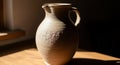 A ceramic pitcher is displayed on a wooden surface with natural light casting Royalty Free Stock Photo