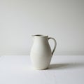 Ceramic pitcher with a smooth, light beige surface placed on a white tablecloth. It has a Royalty Free Stock Photo