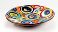 A ceramic plate with a bold and colorful pattern created through the layering technique where multiple layers of glaze