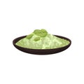 Ceramic plate with cardamom powder and green seeds on top. Aromatic seasoning. Cooking ingredient. Flat vector icon