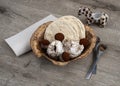 Ceramic plate with chocolate truffles and meringue cookies, close up Royalty Free Stock Photo