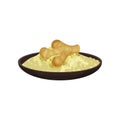 Ceramic plate with ginger powder and root on top. Fragrant spice for food. Cooking ingredient. Flat vector icon