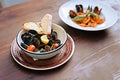 Luscious seafood dish lying in nice ceramic plate