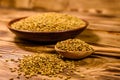 Ceramic plate and spoon with fenugreek seeds on wooden table Royalty Free Stock Photo