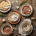 Ceramic plates in earthy tones of terracotta and beige each adorned with Royalty Free Stock Photo