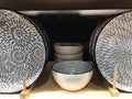 Ceramic plates with pattern on shelf in a store Royalty Free Stock Photo