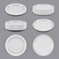 Ceramic plates. Realistic dishes for food kitchen utensils bowls and plates different corners view vector mockup