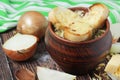 A ceramic pot with French onion soup Royalty Free Stock Photo