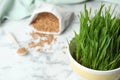 Ceramic pot with fresh wheat grass on table. Space for text Royalty Free Stock Photo