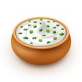 Ceramic Pot of Sour Cream Sauce Tartar Mayonnaise with Chopped Green Onion Close up on Background