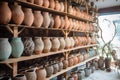 ceramic pots drying on wooden racks before firing