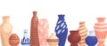 Ceramic pots and flower vases border. Different pottery objects. Banner with porcelain, clay and earthen empty vessels