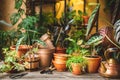 Ceramic pots, gardening tools, and lots of plants Royalty Free Stock Photo