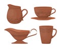 Ceramic pottery. Beautiful clay carafes with a decorative ornament.