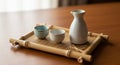 A ceramic sake set on a bamboo tray includes a slender sake carafe and two small cups. The carafe Royalty Free Stock Photo