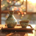 Ceramic sake set on a sunlit wooden table, featuring a flask and two cups Royalty Free Stock Photo