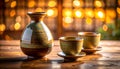 Ceramic sake set on a sunlit wooden table, featuring a flask and two cups Royalty Free Stock Photo