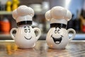 Ceramic salt and pepper shakers on the kitchen counter.