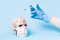 ceramic skull in a white protective medical mask and a hand in a rubber blue glove holds an insulin syringe with medicine on a blu