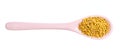 Ceramic spoon with yellow mustard seeds Royalty Free Stock Photo