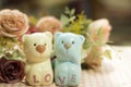 Ceramic Statues Little bear lovers with flower decoration blur background. Valentine Concept.Vintage and Instagram style