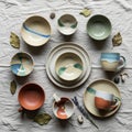 Of ceramic tableware is arranged on a textured light colored tableclot Royalty Free Stock Photo