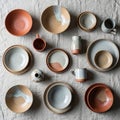 Of ceramic tableware is arranged on a textured, neutral-colored fabric Royalty Free Stock Photo