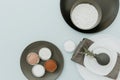 Ceramic tableware with baking ingredientes. top view on pastel background mock up.