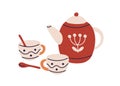 Ceramic tea cups and pot. Porcelain teapot and teacups pair, spoons. Retro-styled pottery for hot drink, teatime. Flat