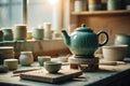 Ceramic teapot celadon glaze stand, studio scene with glaze texture and reflections Royalty Free Stock Photo