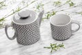 Ceramic teapot and cup on marble surface Royalty Free Stock Photo