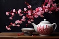 a ceramic teapot filled with vibrant cherry blossoms