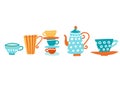 Ceramic teapot and many mugs and cups with a hot drink on white backgrounds. Flat cartoon colorful vector illustration