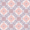 Ceramic tile mosaic, design wall decoration in Arabic Moroccan style, vector illustration. Violet pink lilac seamless pattern Royalty Free Stock Photo