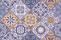 Ceramic tile pattern, mosaic decor. Floral print for wall in vintage portuguese patchwork style, blue floor background Royalty Free Stock Photo