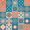 Ceramic tile with square patterns orange blue color, trendy patchwork ceramic tile Royalty Free Stock Photo