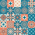 Ceramic tile with square patterns orange blue color, trendy patchwork ceramic tile Royalty Free Stock Photo