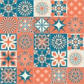 Ceramic tile with square patterns orange blue color, trendy patchwork ceramic tile design Royalty Free Stock Photo