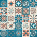 Ceramic tile with square patterns orange blue color, trendy patchwork ceramic tile Royalty Free Stock Photo