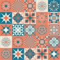 Ceramic tile with square patterns orange blue color, trendy patchwork ceramic tile Royalty Free Stock Photo