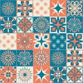 Ceramic tile with square patterns orange blue color, trendy patchwork ceramic tile design Royalty Free Stock Photo