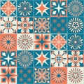 Ceramic tile with square patterns orange blue color, trendy patchwork vector Illustration Royalty Free Stock Photo