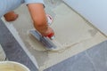 Ceramic tiles and tools for tiler. Floor tiles installation. Home improvement, renovation Royalty Free Stock Photo