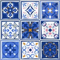 Ceramic tiles vintage patterns. Vector spanish style architecture blue tale set