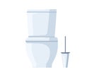 Ceramic toilet bowl with tank. Water closet seat with lid. WC sanitary unit and brush. Flush seat. Modern one-piece