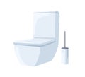 Ceramic toilet and brush stand. WC seat closed with lid. Water closet bowl with tank. Flush, clean sanitary unit