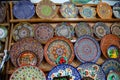 Ceramic Uzbek souvenir painted plates, rune-work at the Chorsu bazaar in Tanshkent. Traditional art. April 29, 2019