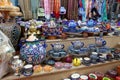 Ceramic Uzbek souvenir painted tea sets and handmade plates at the bazaar. Traditional national art. April 29, 2019