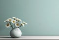 Ceramic vase with daisy chamomile flowers branches in sunlight from window on pastel emerald gray wall, shadow on white floor Royalty Free Stock Photo