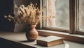 Ceramic vase with dried flowers and book on the window sill. Old vintage room interior decor, Leisure Royalty Free Stock Photo